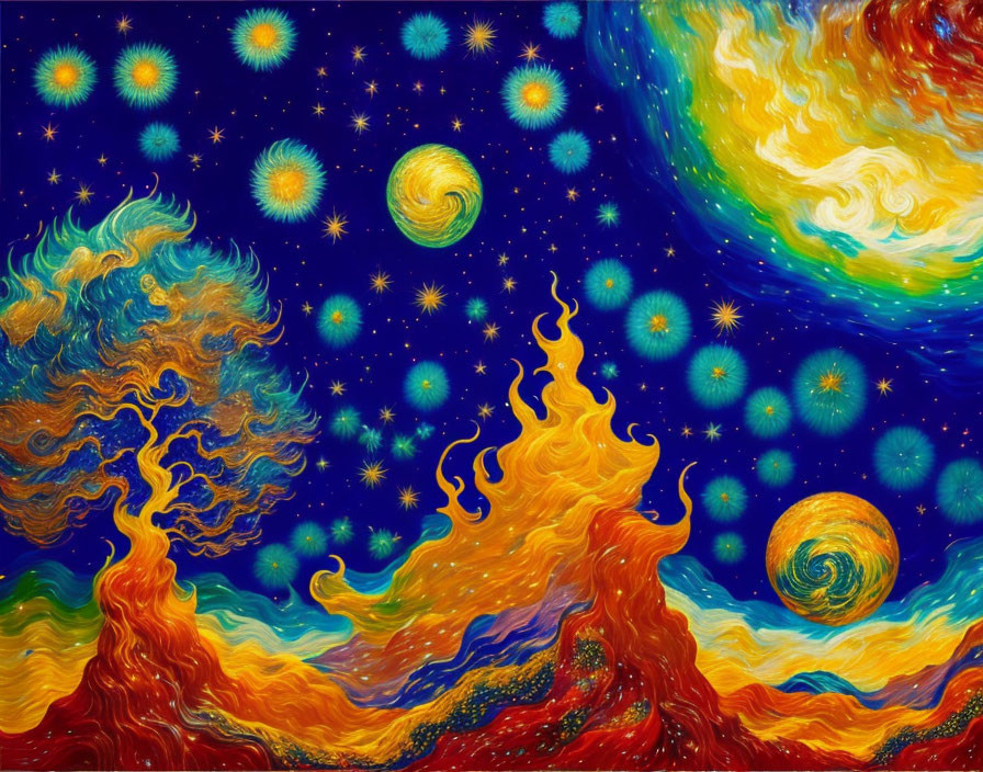 Colorful swirling painting of fiery trees, rolling hills, and starry skies