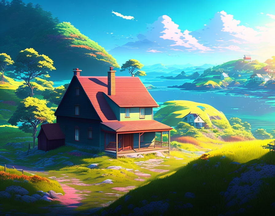 Colorful illustration of quaint house in sunny landscape