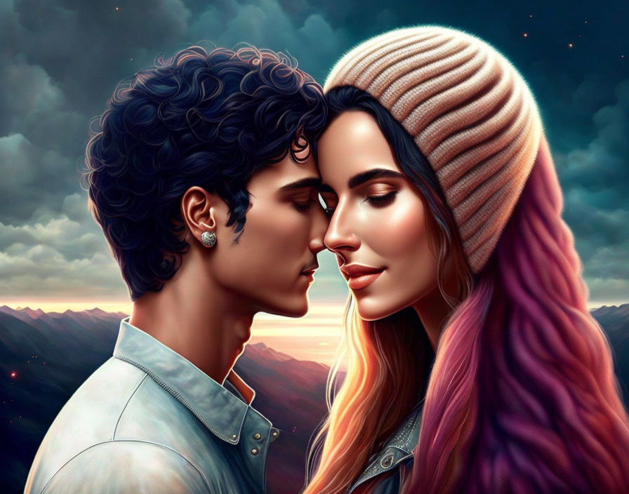 Illustrated couple with foreheads touching at sunset. Man with curly hair, woman in beanie with