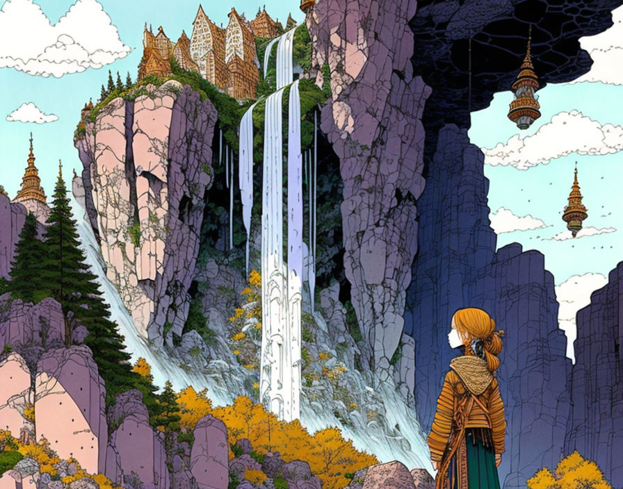 Majestic waterfall, cliff castles, and floating temples in fantastical landscape