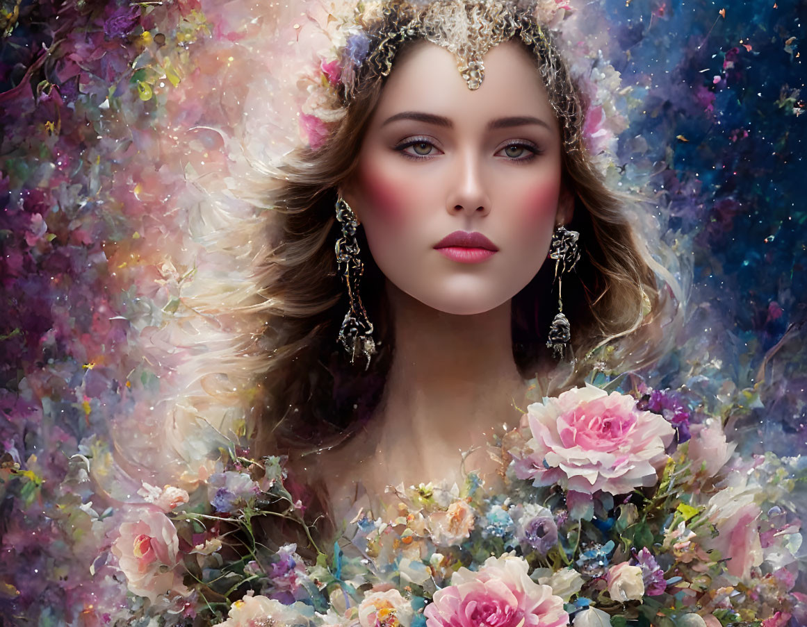 Cosmic and floral-themed portrait of a woman with intricate jewelry