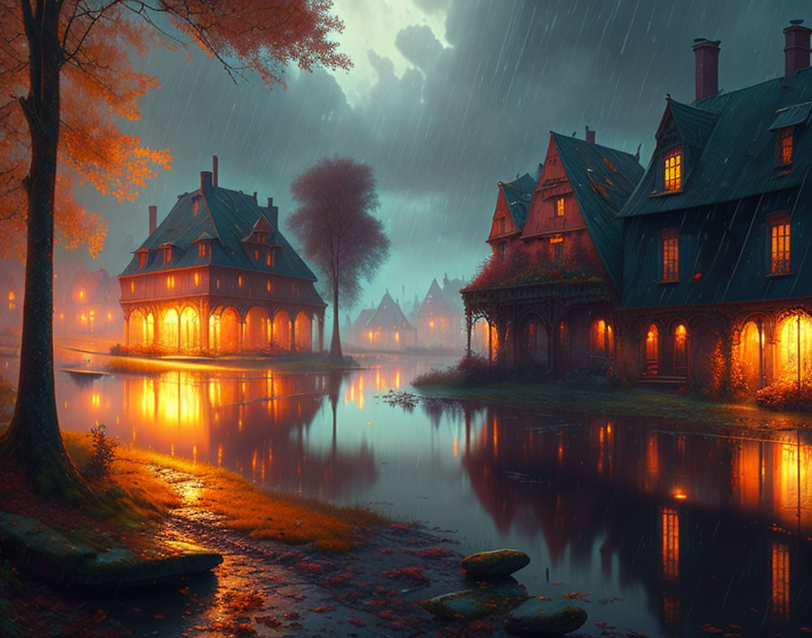 Victorian houses in twilight rain on autumn street