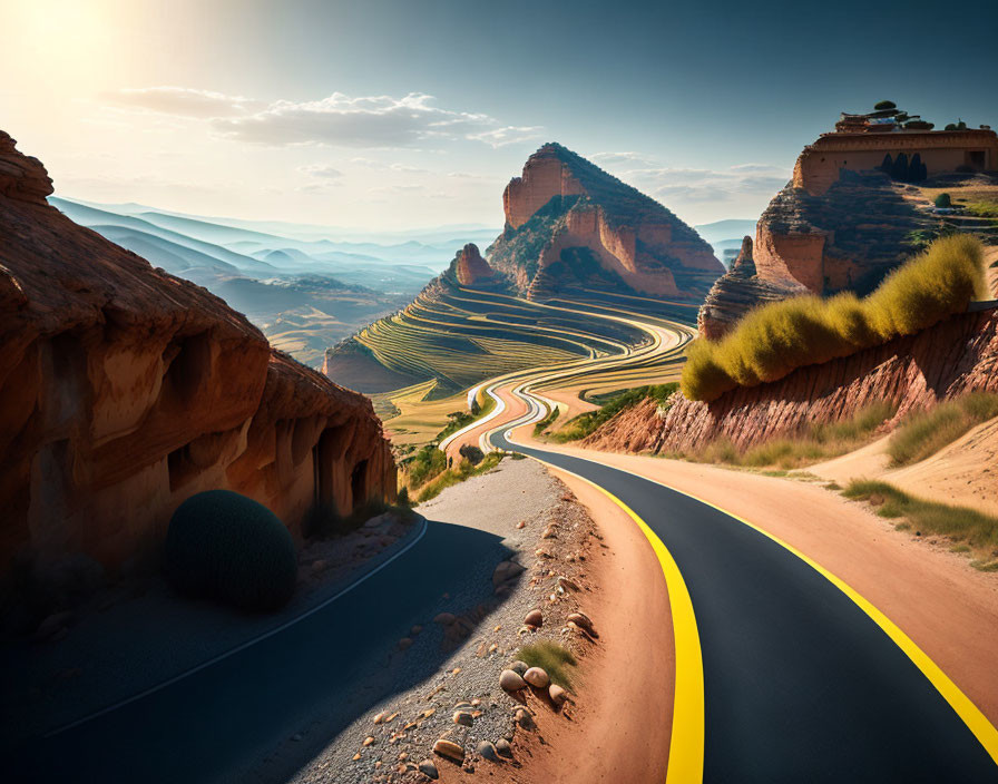 Scenic winding road through hills and fields to mesa building