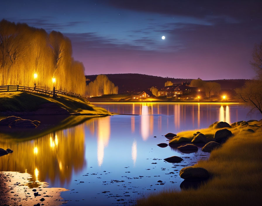 Moonlit Night Scene: Reflective Lake, Willow Trees, Glowing Lamps