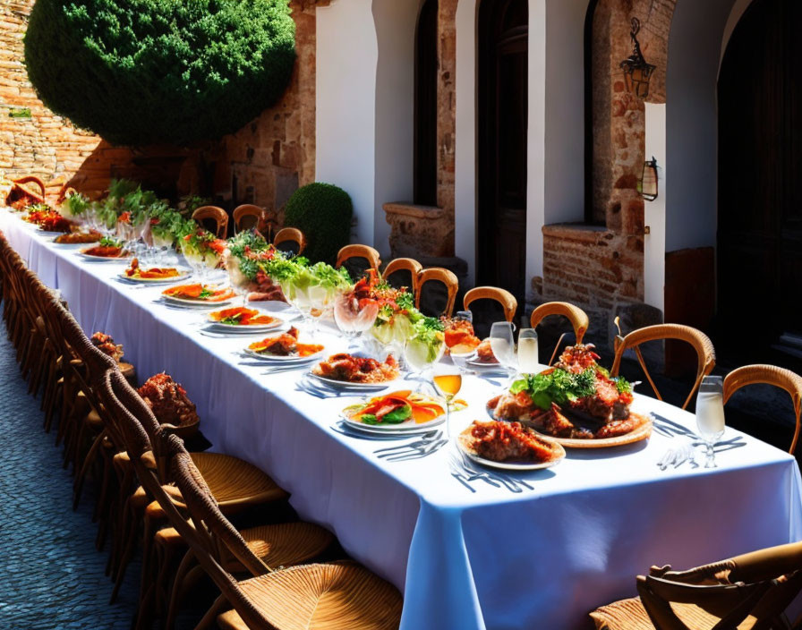 Elegant banquet table under archway with wicker chairs