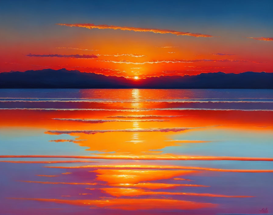 Scenic sunset: orange and blue hues over water, mountain silhouette