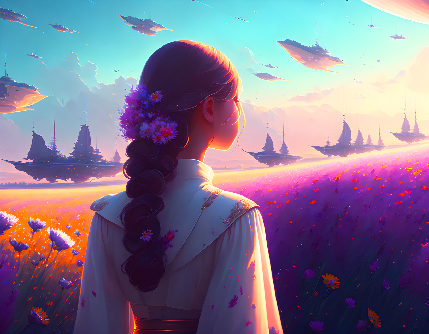 Woman admiring floating ships in sky over purple flower field at sunset