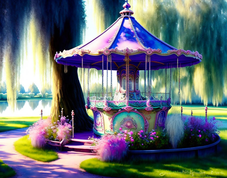 Vibrant carousel in magical forest with waterfalls