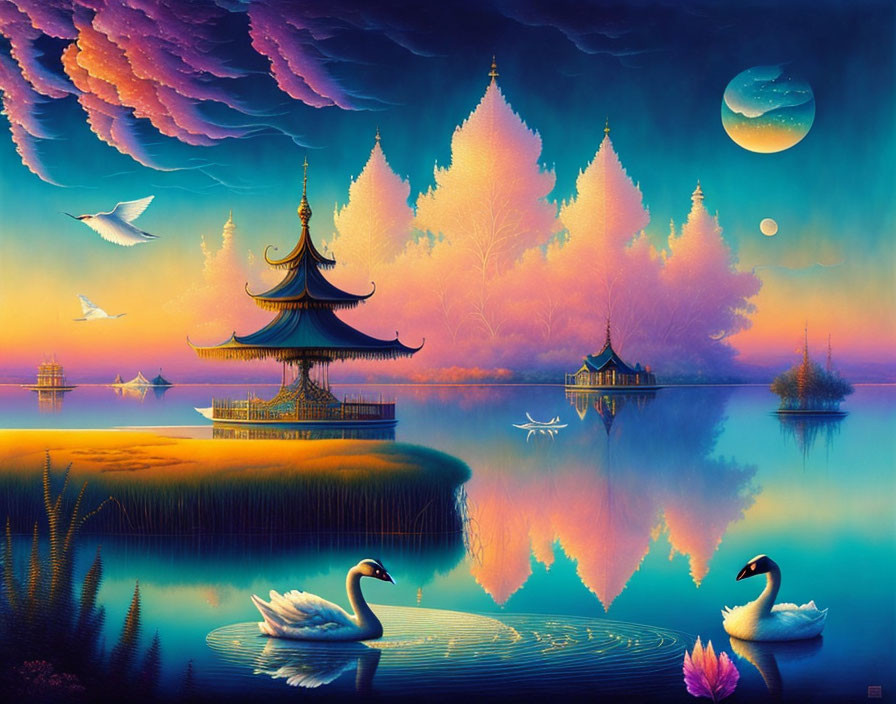 Fantasy landscape with serene lake, pavilions, swans, colorful sky & distant planet