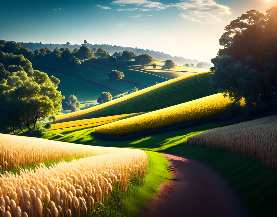 Scenic landscape: rolling hills, green trees, wheat fields, dirt road