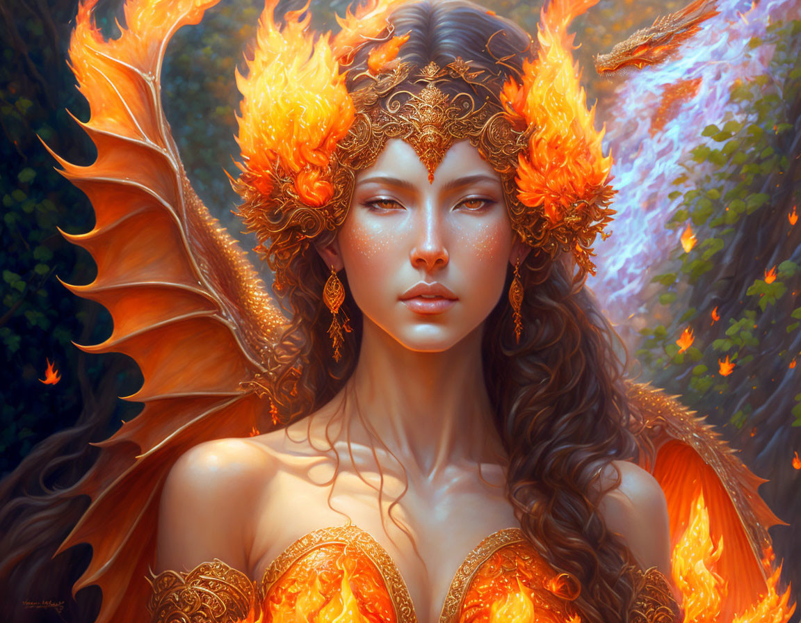 Fantasy illustration of woman in fiery attire with crown and wings in autumnal setting