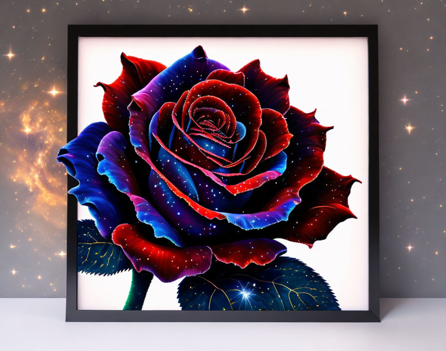 Cosmic-themed rose digital artwork in framed display