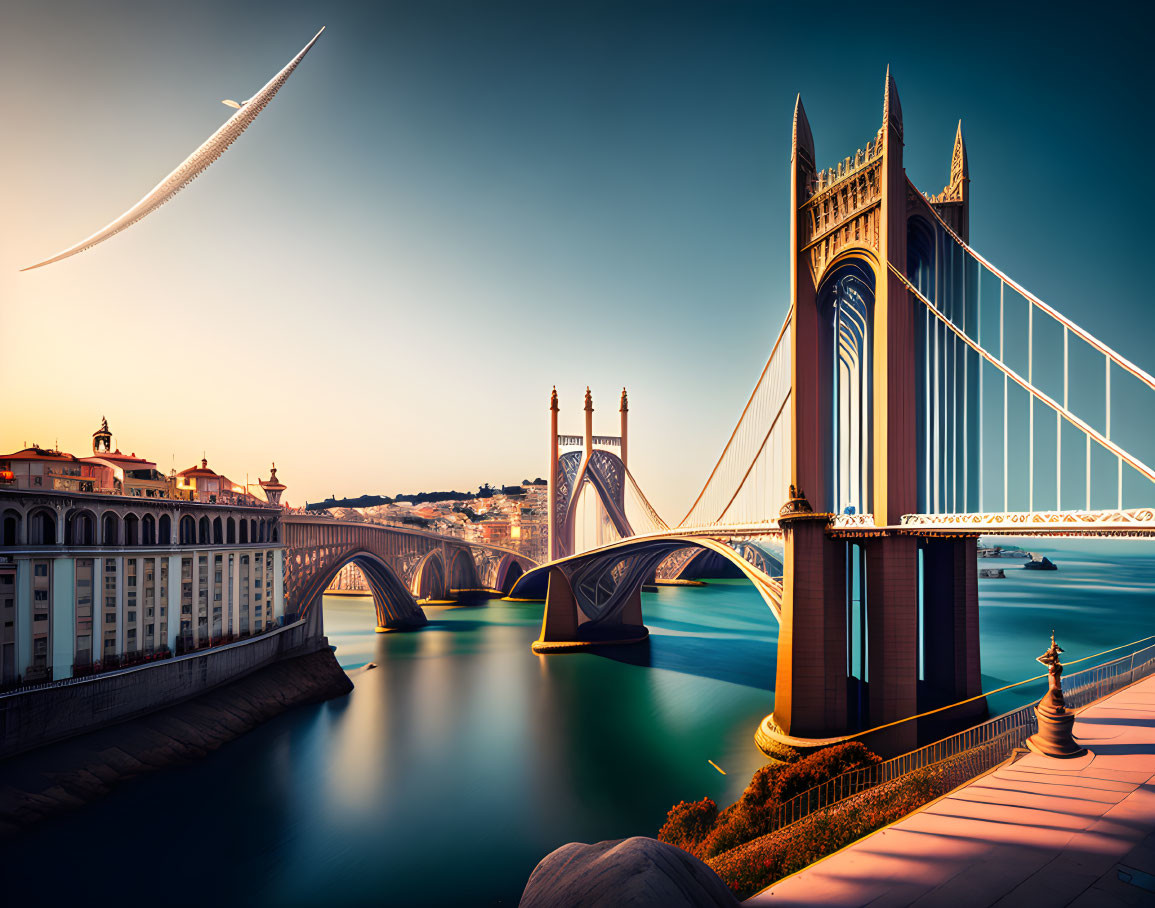 Gothic towers bridge over tranquil river at sunrise