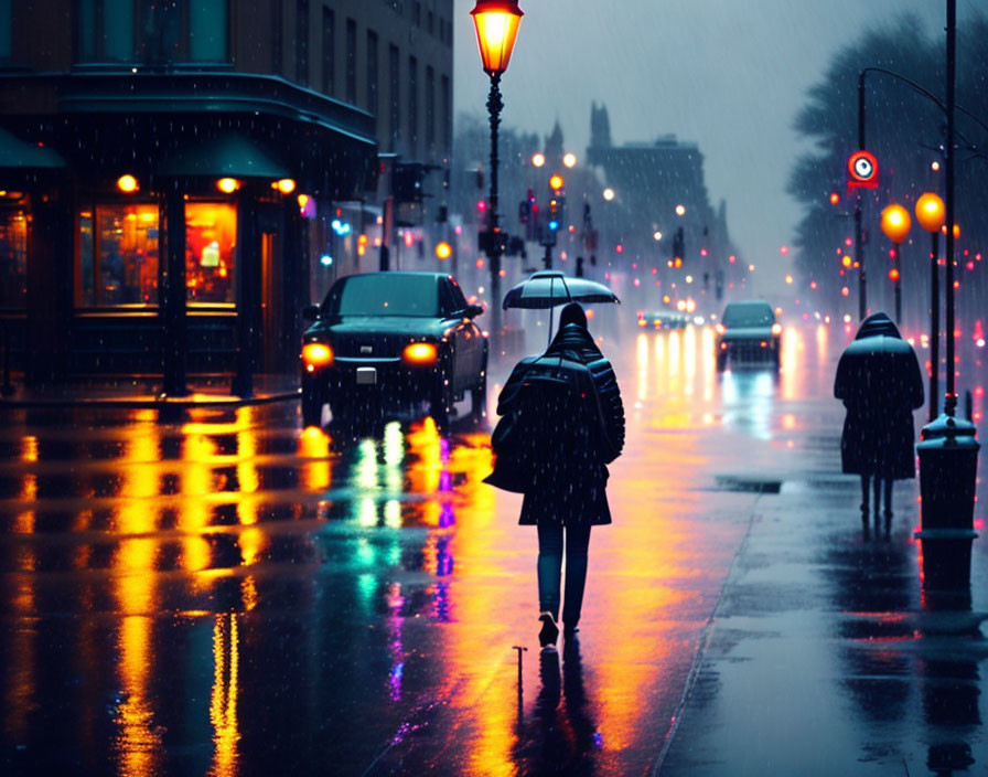 Pedestrian with umbrella on wet city street at dusk with colorful reflections, cars, and glowing street