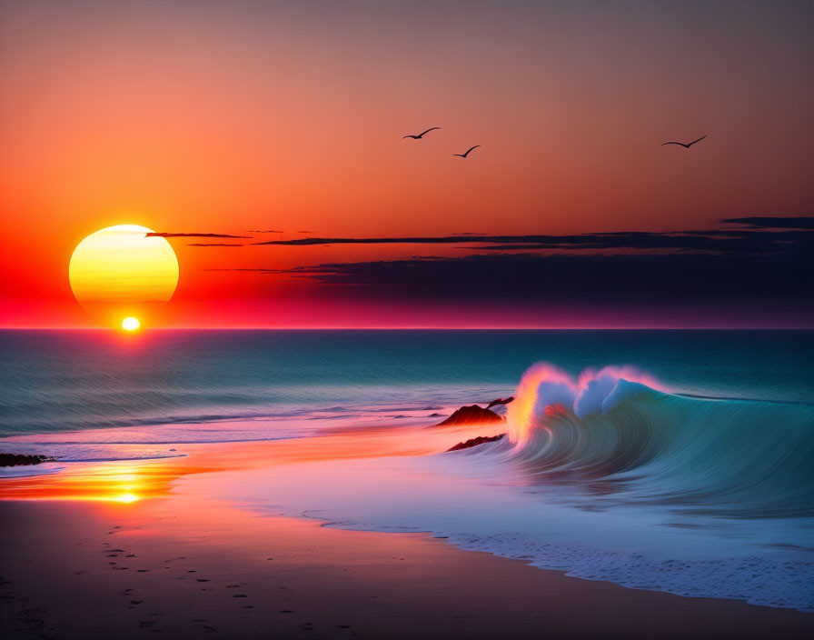 Scenic beach sunset with large sun, reflective water, cresting waves, and birds in flight