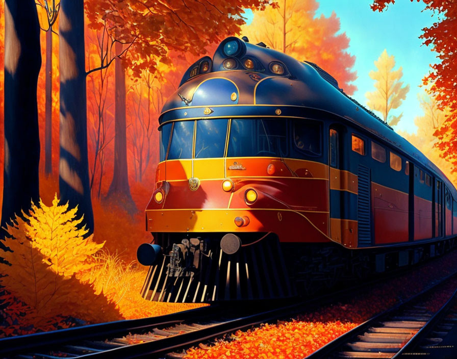 Streamlined classic train in vibrant autumn forest