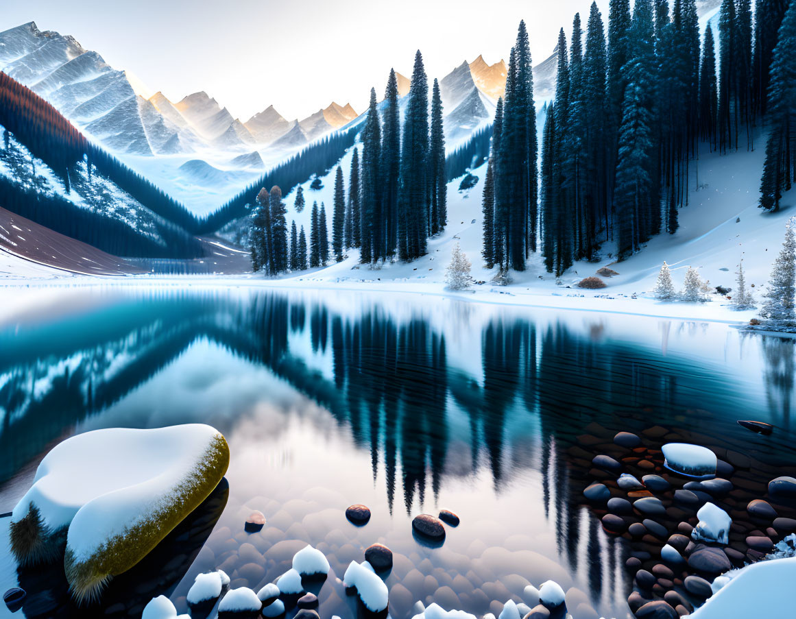 Snow-covered pine trees in serene winter landscape