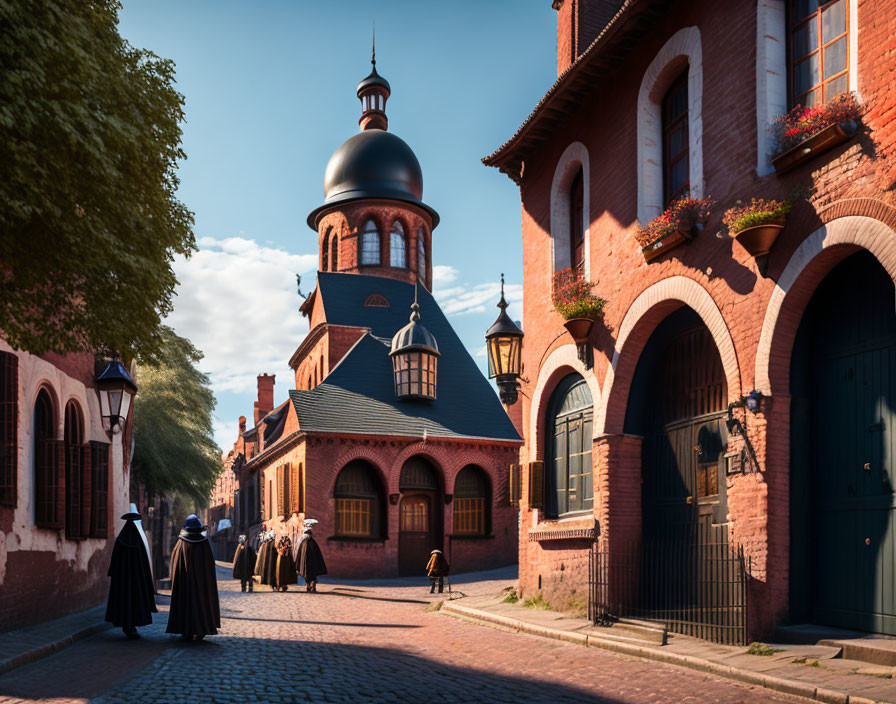 Historical group in traditional attire on European cobblestone street.