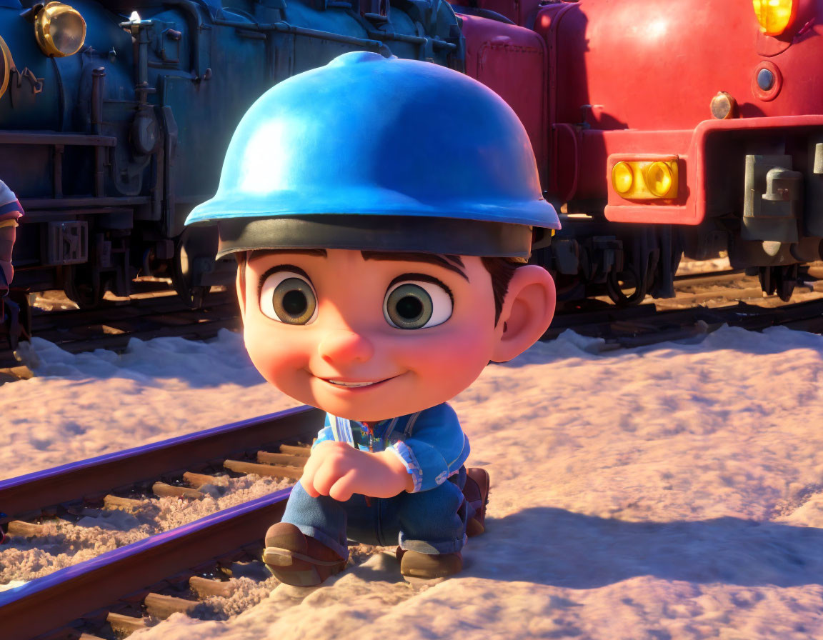 Animated boy in overalls and blue helmet on railway tracks at sunset