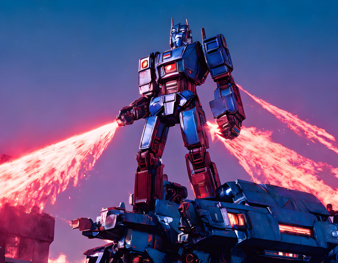 Giant Blue Robot with Red and White Highlights Against Red-Streaked Sky