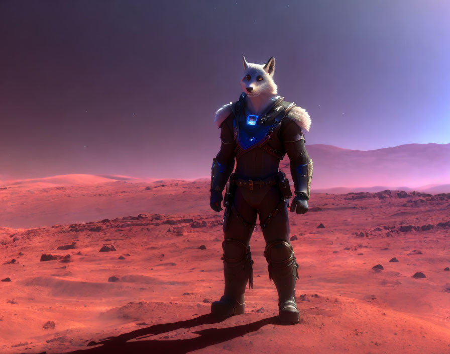 Futuristic armored canine on Mars-like terrain