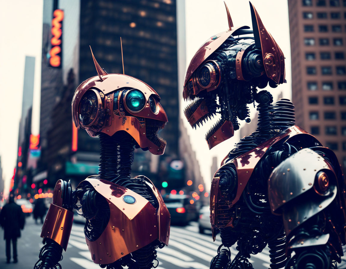 Futuristic robots with human-like features on city street with neon signs