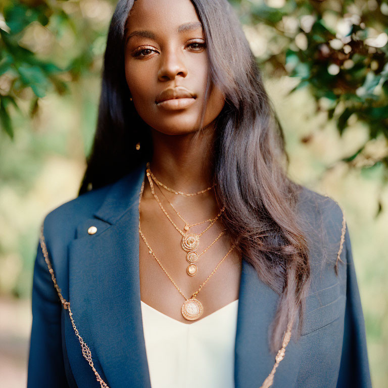 Woman in Blue Blazer with Long Dark Hair Amid Green Foliage