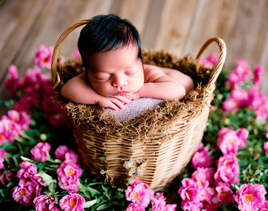 Newborn Sleeping in Woven Basket Surrounded by Pink Flowers