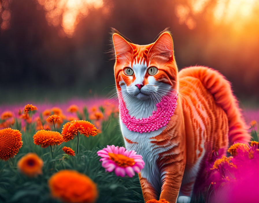 Orange Tabby Cat with Pink Scarf Among Vibrant Flowers at Sunset