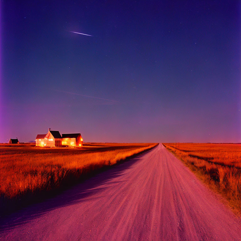 Rural road under shooting star with illuminated buildings in vast field