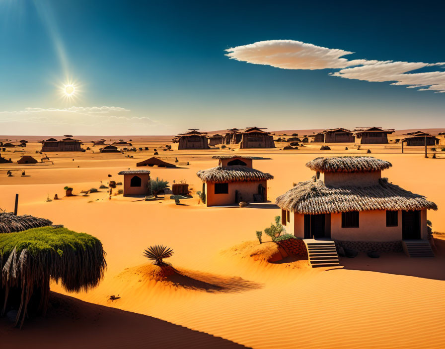 Thatched huts in serene desert landscape under clear sky