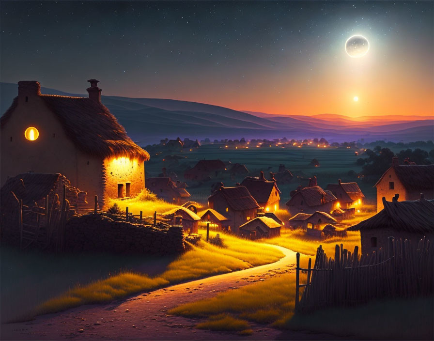 Tranquil night scene of a quaint village with glowing lights, moon, and starry sky