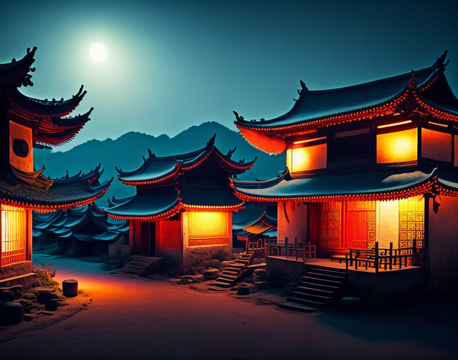 Nighttime scene of traditional Asian buildings with red lanterns under a full moon