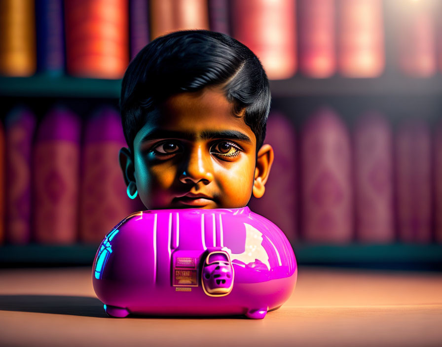 Child's head emerges from pink alarm clock with colorful book spines in surreal image