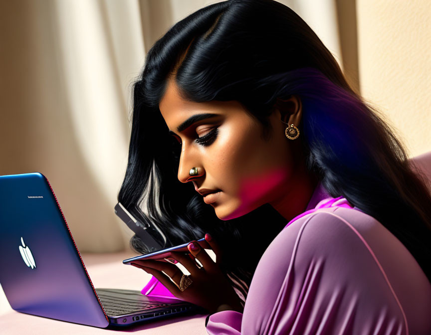 Woman with long black hair on phone next to blue laptop and logo in pink outfit.