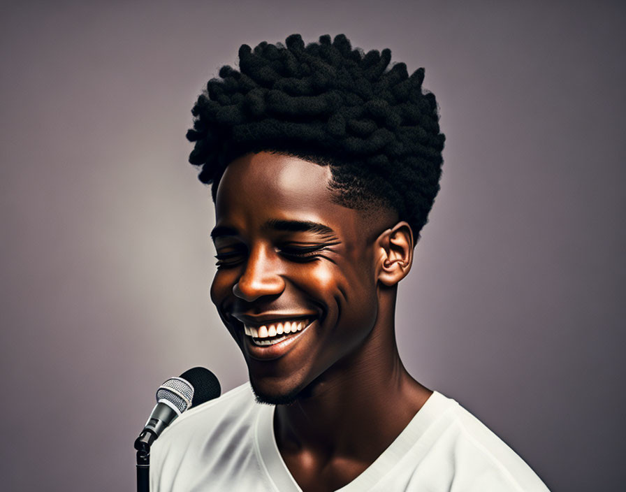 Young man with stylish afro laughing at microphone