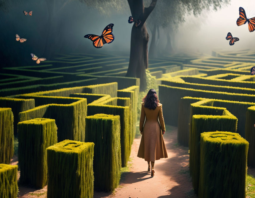 Woman in Coat Walking Through Lush Green Hedge Maze with Orange Butterflies