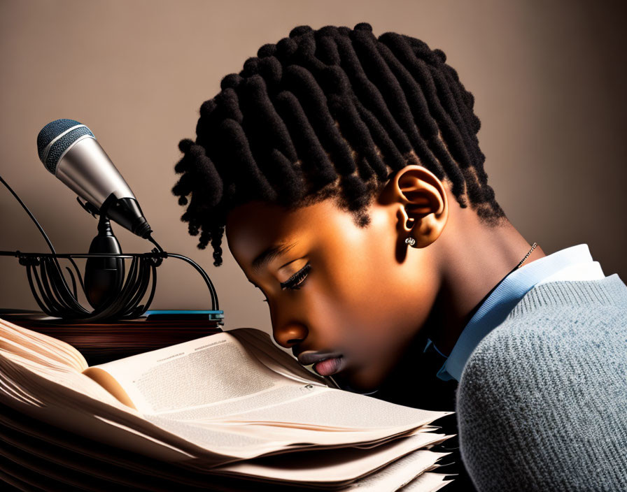 Young person reading book with twist braids in warm light.