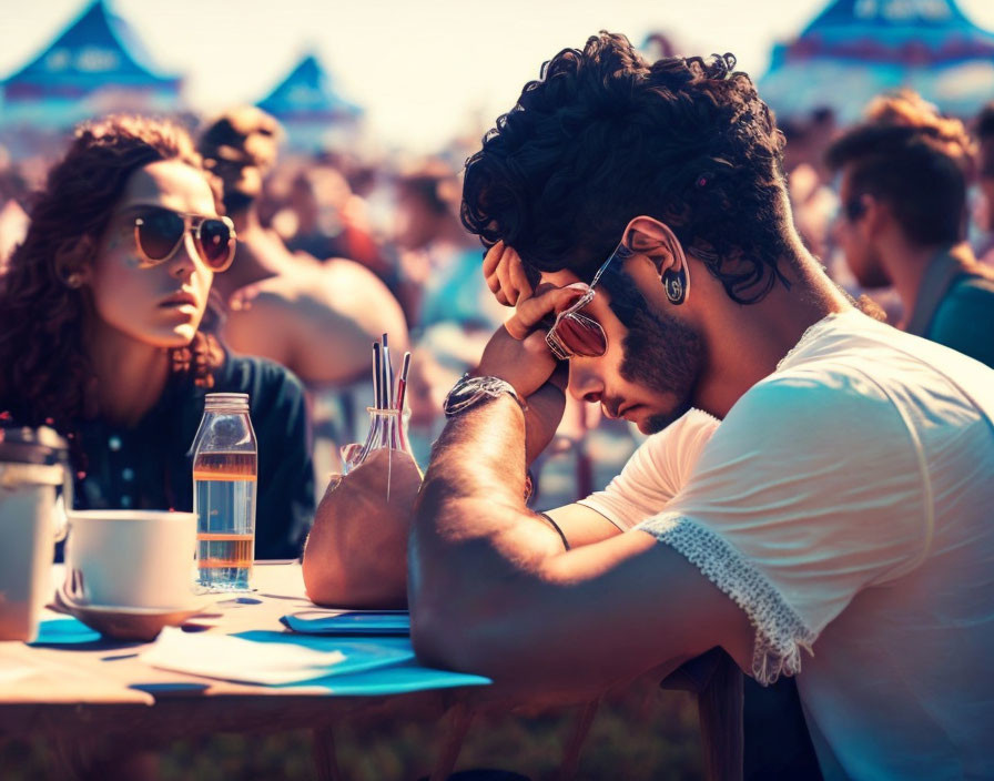 Curly-Haired Man Resting Head on Hand at Outdoor Event