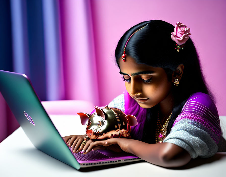 Traditional Indian Girl with Laptop and Pig Coin Bank on Pink and Purple Background