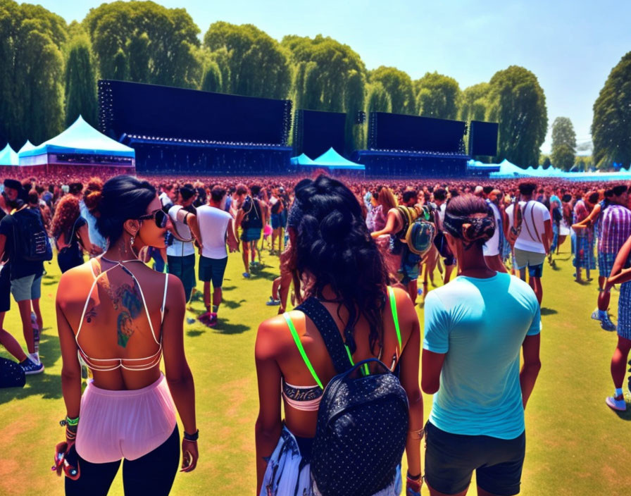 Outdoor Festival Crowd Enjoying Sunny Weather and Stage Background