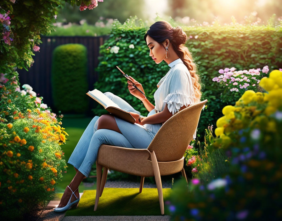 Woman reading book in garden chair surrounded by lush greenery and flowers