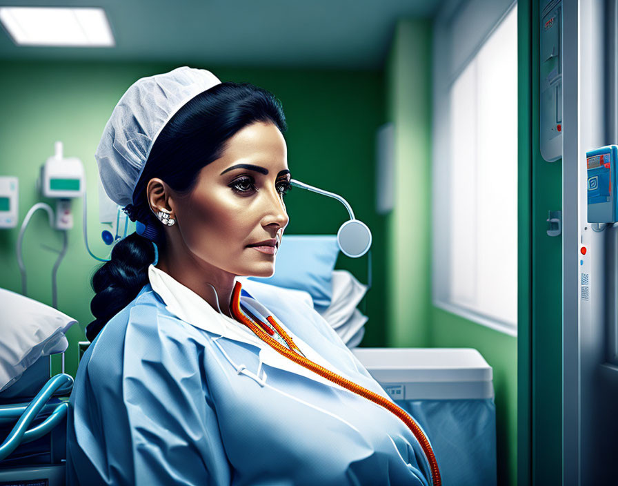 Female healthcare professional in scrubs and surgical cap with stethoscope in hospital room