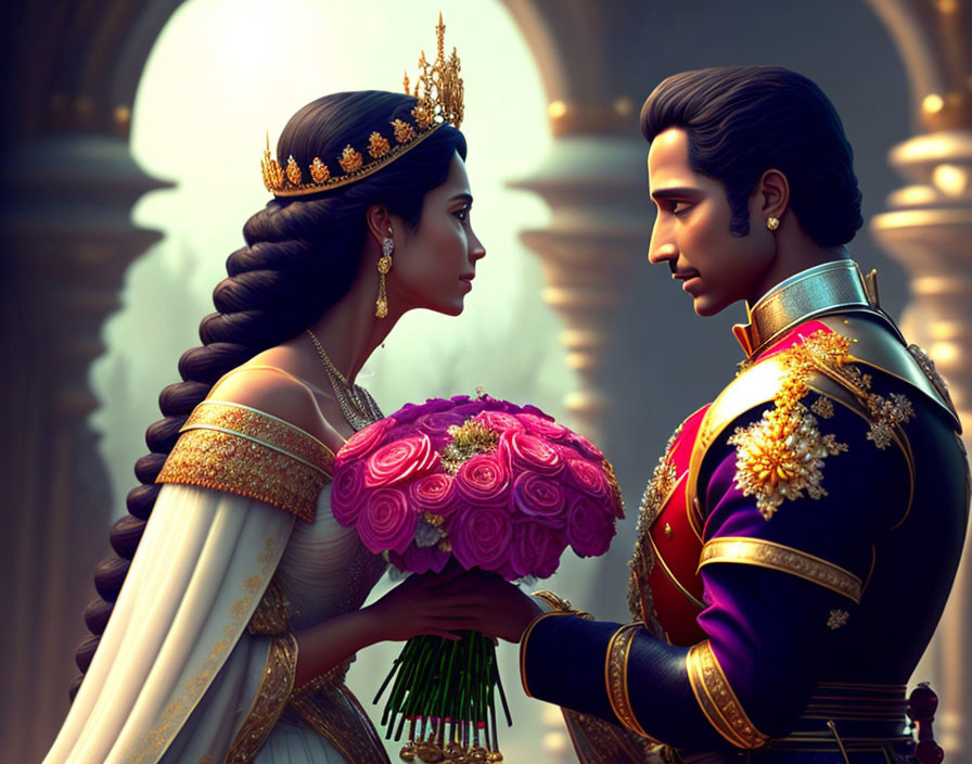 Stylized animated royal couple in purple and white with pink flowers