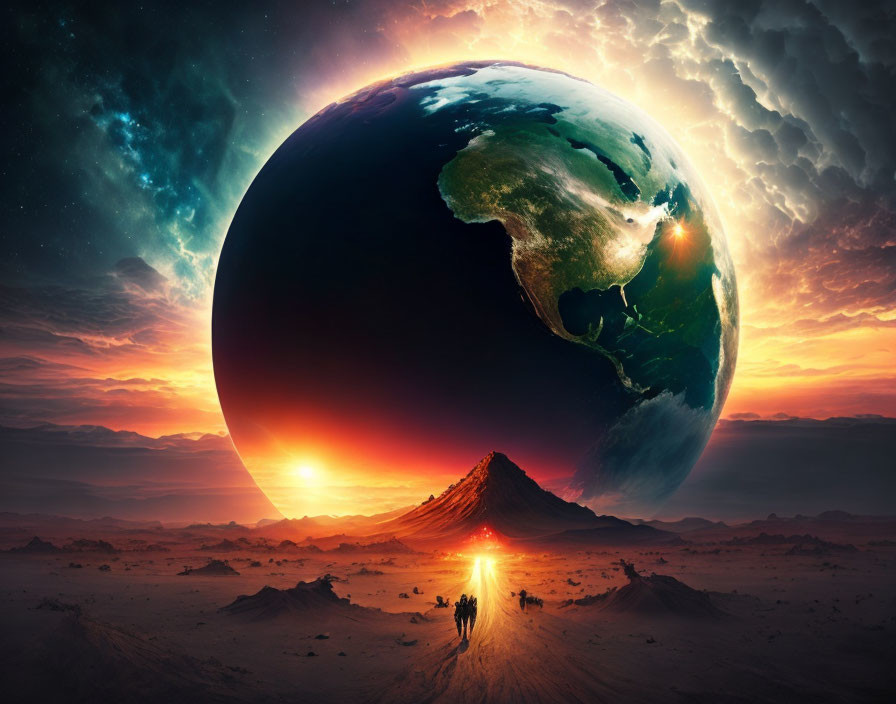 Surreal digital artwork: travelers in desert with oversized Earth