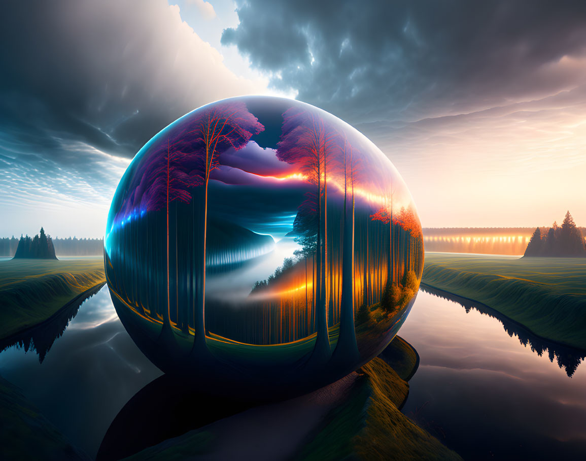 Spherical Object Reflects Vibrant Sunset Landscape