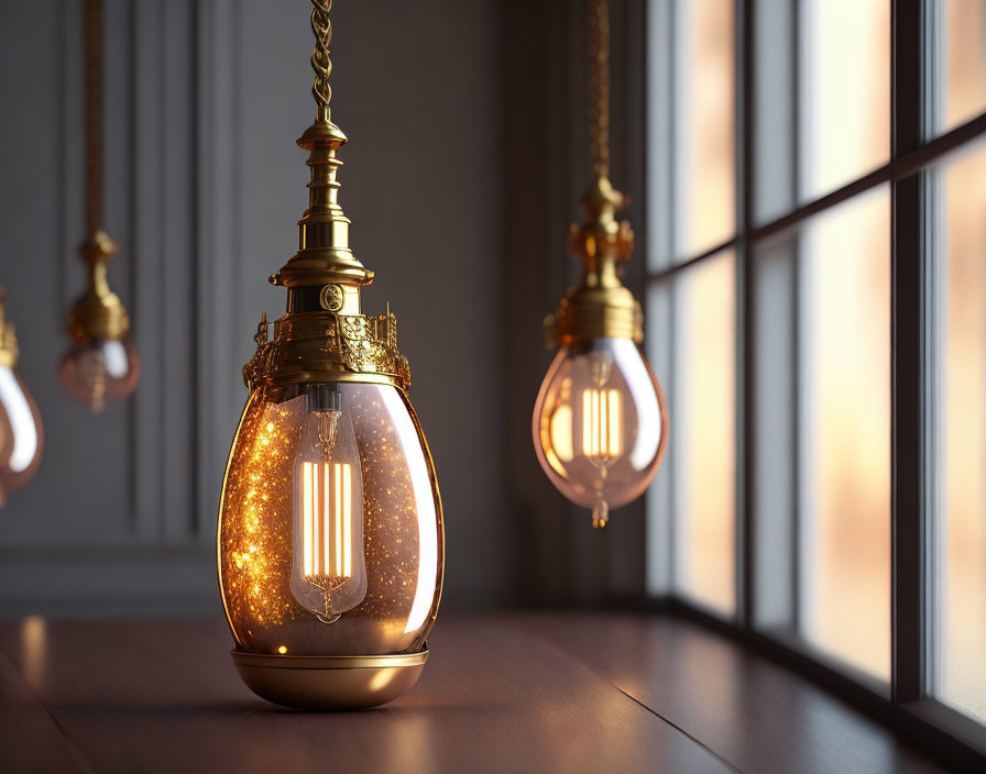 Vintage-Style Pendant Lights with Glowing Filaments Hang by Window