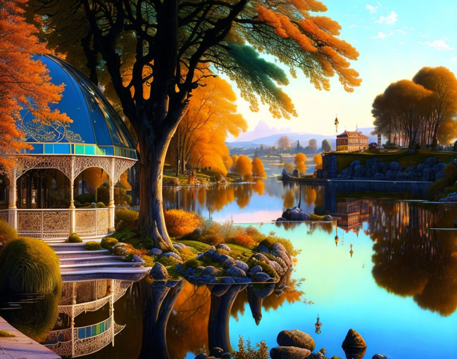 Scenic lakeside view with autumn trees, gazebo, reflecting water