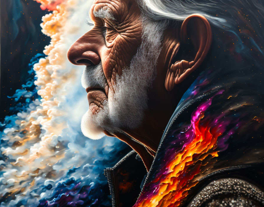 Elderly person profile with cosmic elements and fiery colors blending