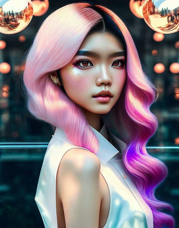 Digital artwork: Woman with pastel pink and purple hair, sparkly makeup, fiery orbs backdrop